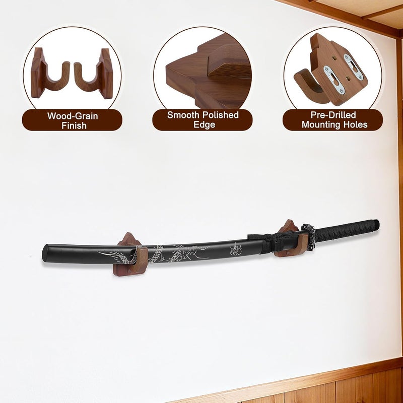 CharmFields Store Sword Wall Mount Display Hooks, Wooden Sword Holder Rack, Katana Display Stand and Hangers for Martial Arts Weapons, Wizard Wand, Knife, Axe, Dagger, Home and Office Decor - Reddish Brown - Image 3